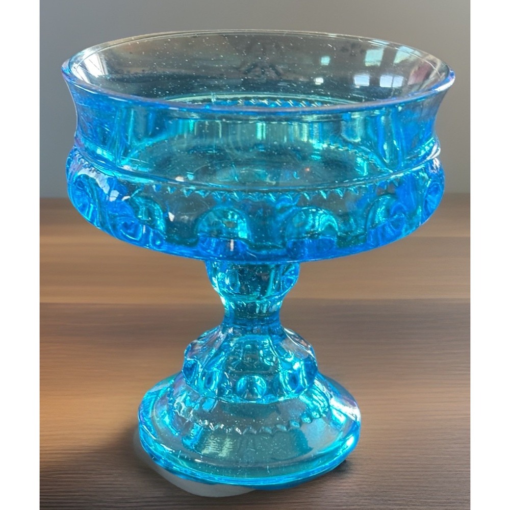 Vintage Indiana Glass Pedestal Compote Candy Dish Bowl Imperial Blue Kings Crown